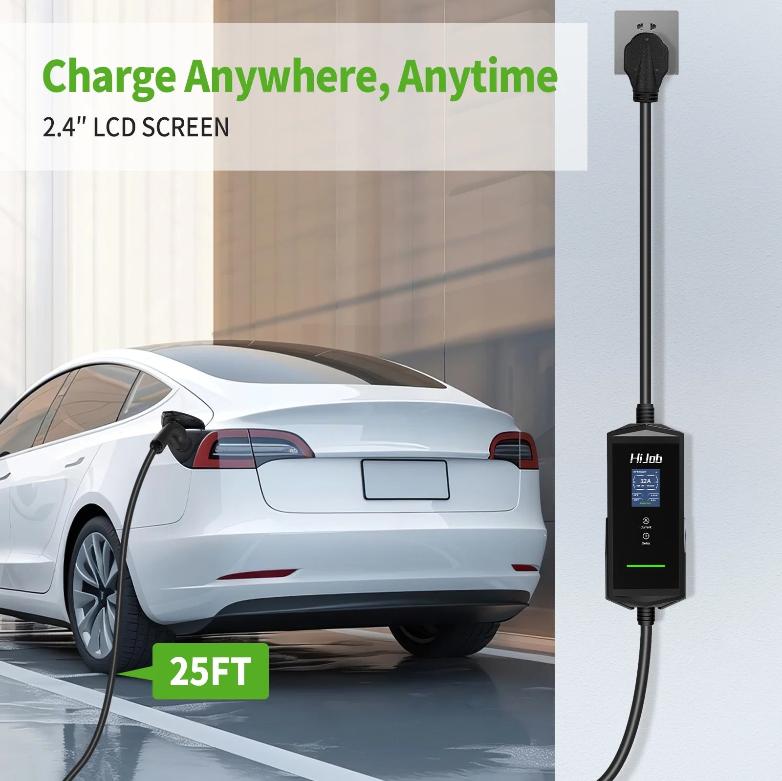 25FT Portable Level 2 EV Charger with 5-15 Adapter for Quick & Slow Charging