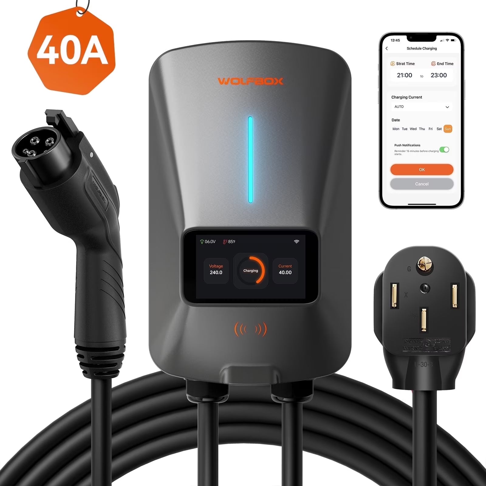 EV Charger, Level 2 EV Vehicle Charging Station, 240V 40 Amp with NEMA 14-50 Plug, Wifi Enabled Electric Car Charger, Smart Display, RFID Card, Grey