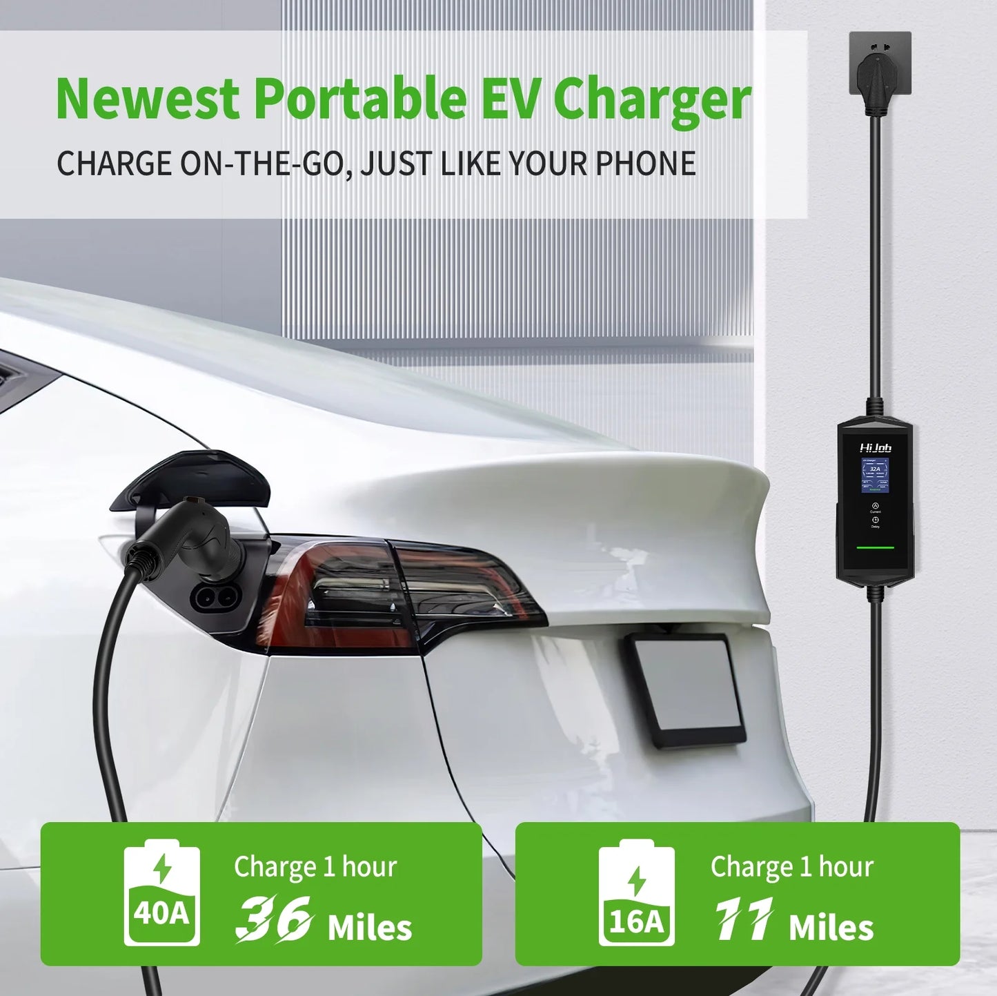25FT Portable Level 2 EV Charger with 5-15 Adapter for Quick & Slow Charging