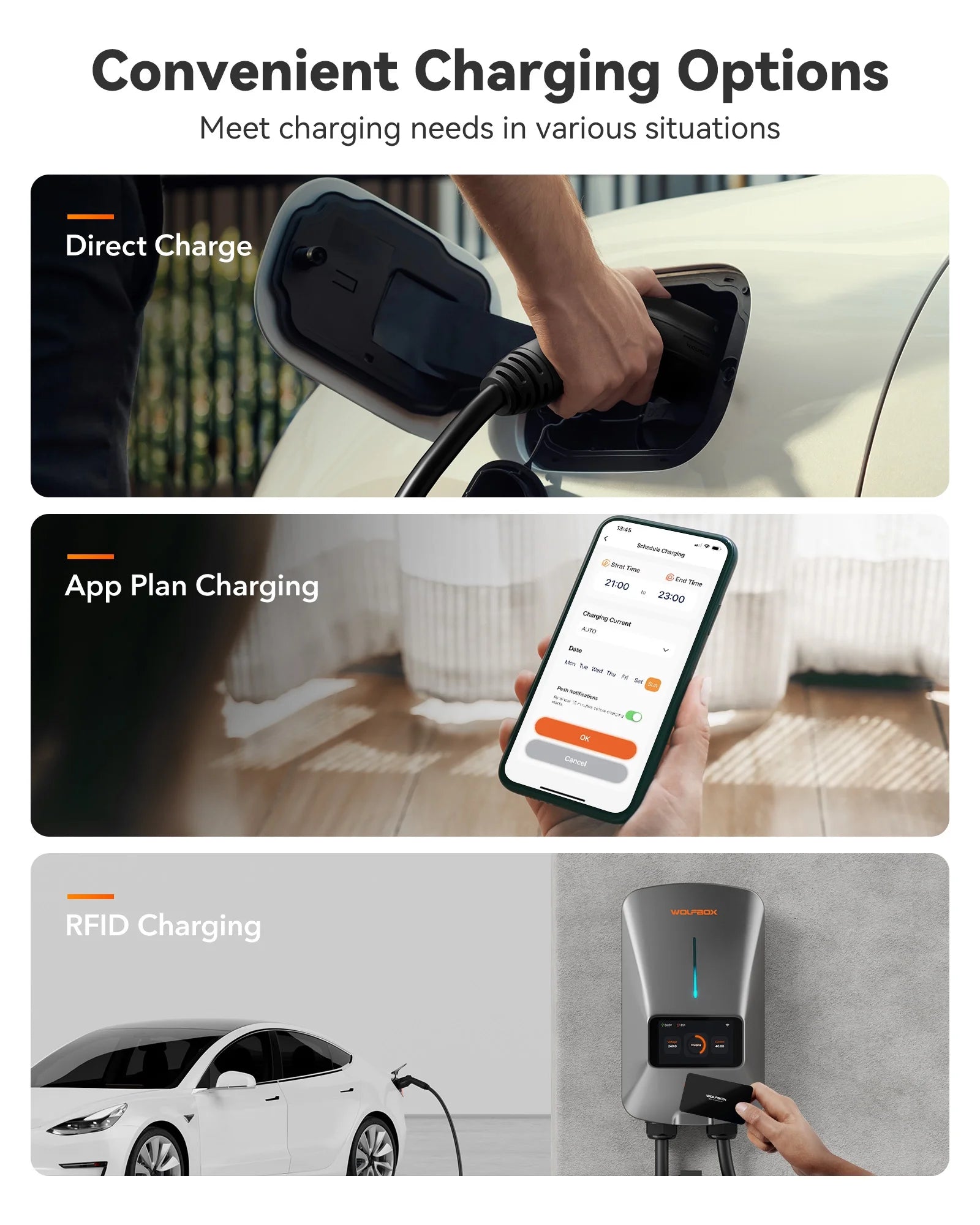 EV Charger, Level 2 EV Vehicle Charging Station, 240V 40 Amp with NEMA 14-50 Plug, Wifi Enabled Electric Car Charger, Smart Display, RFID Card, Grey