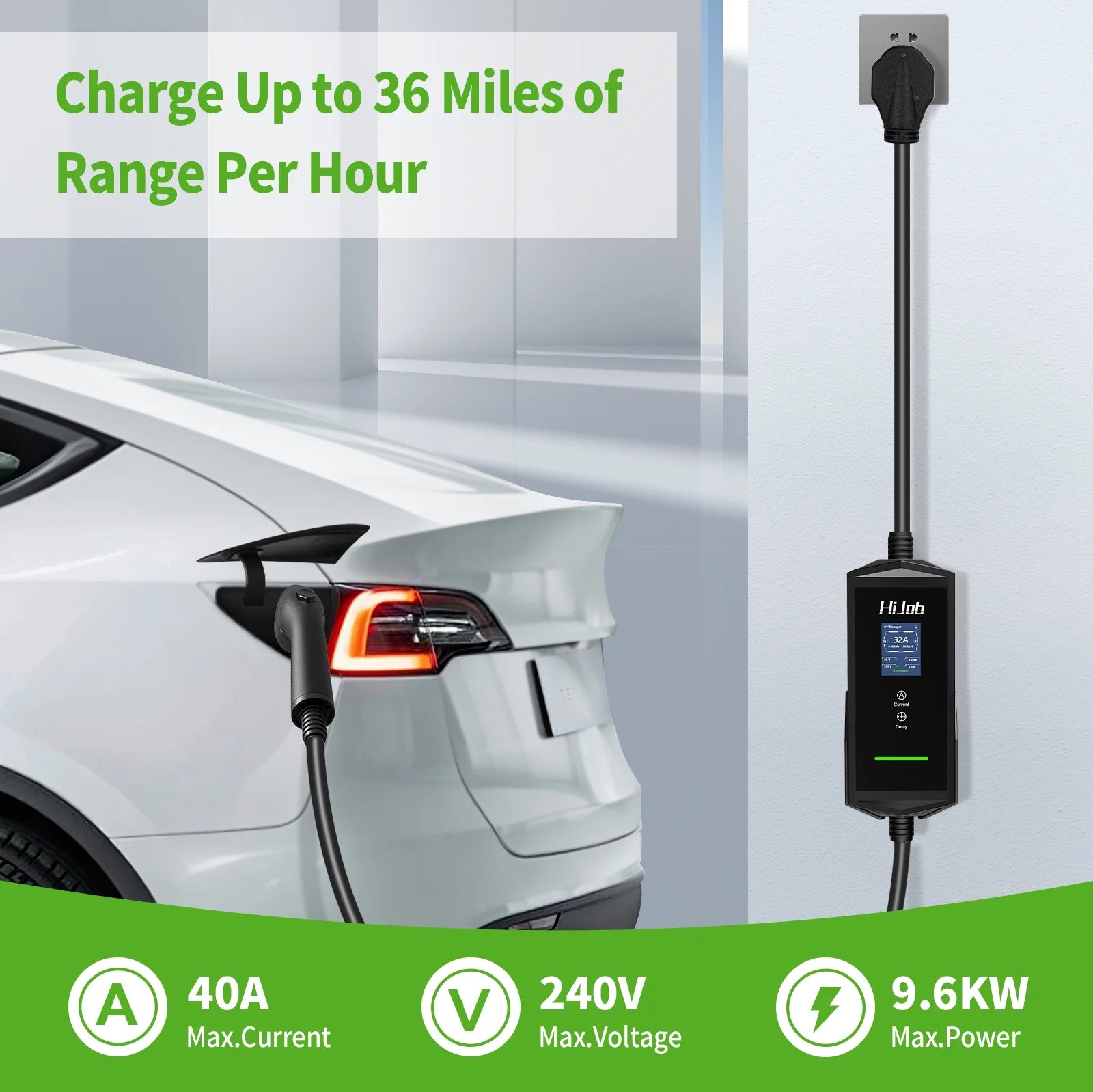 25FT Portable Level 2 EV Charger with 5-15 Adapter for Quick & Slow Charging