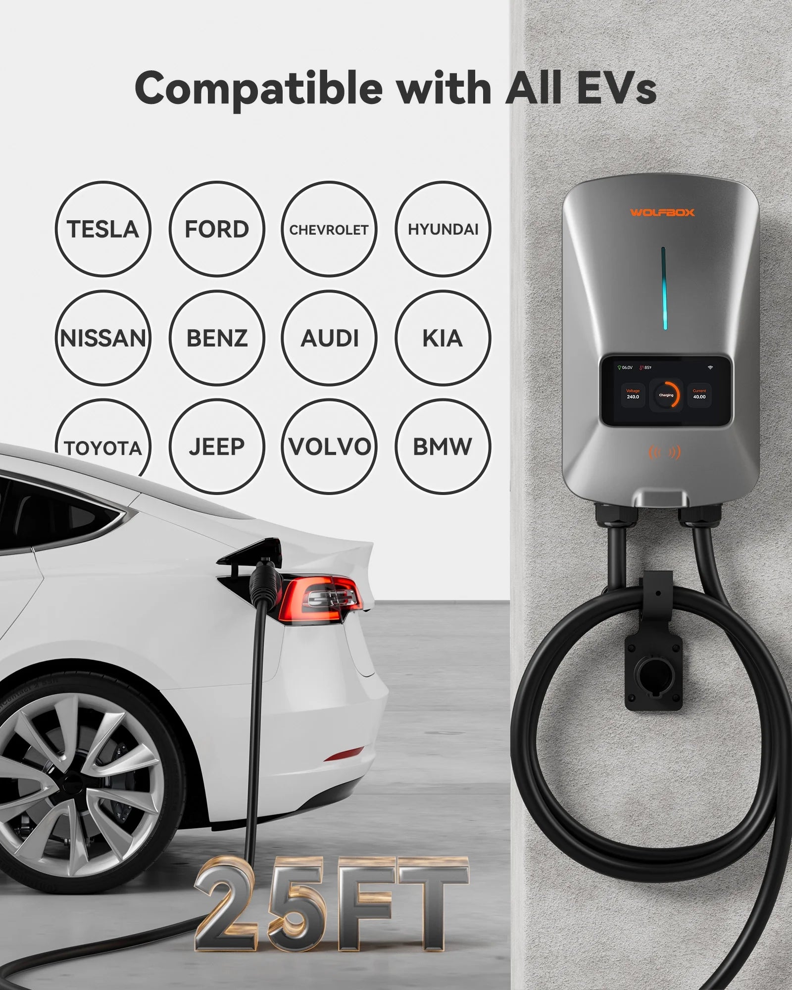 EV Charger, Level 2 EV Vehicle Charging Station, 240V 40 Amp with NEMA 14-50 Plug, Wifi Enabled Electric Car Charger, Smart Display, RFID Card, Grey