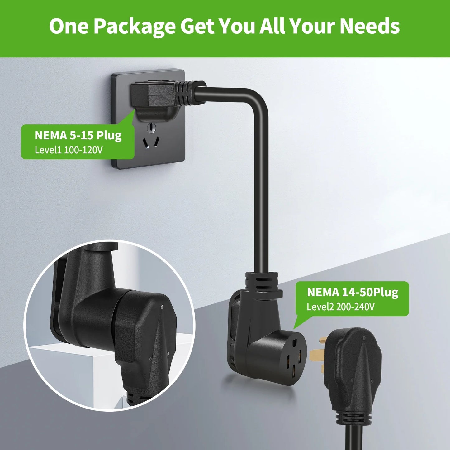 25FT Portable Level 2 EV Charger with 5-15 Adapter for Quick & Slow Charging